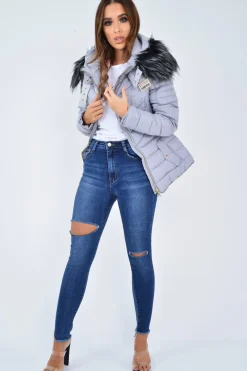 Rebellious Fashion Grey Faux Fur Hood Gold Detail Puffer Coat - Rylah