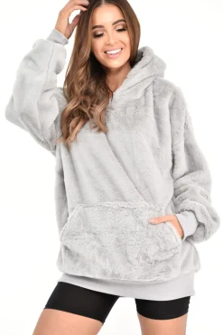 Rebellious Fashion Grey Faux Fur Pocket Front Hoodie - Madi