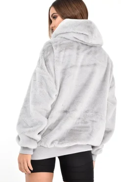 Rebellious Fashion Grey Faux Fur Pocket Front Hoodie - Madi
