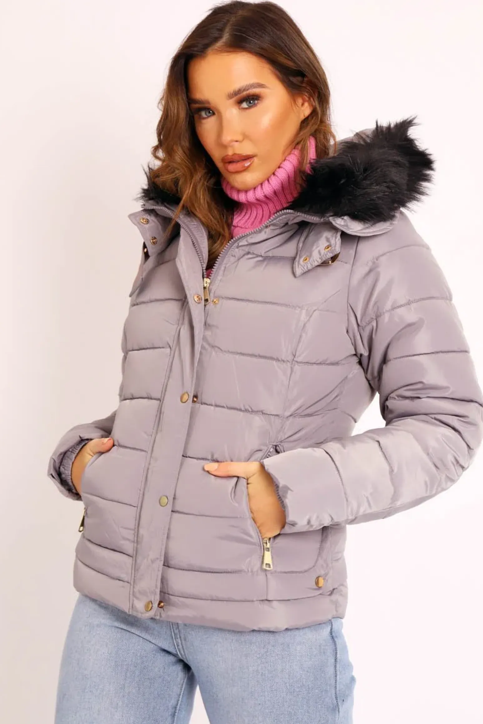 Rebellious Fashion Grey Faux Fur Trim Hood Padded Coat - Jessabelle