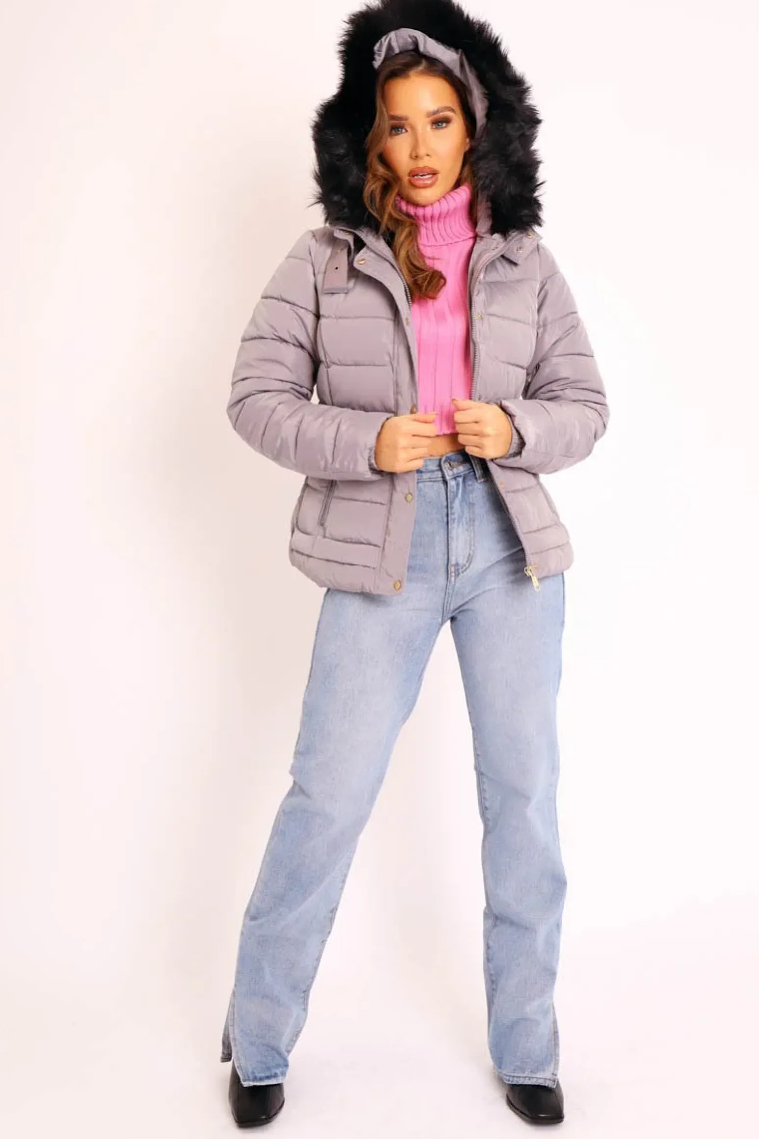Rebellious Fashion Grey Faux Fur Trim Hood Padded Coat - Jessabelle