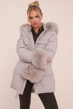 Rebellious Fashion Grey Faux Fur Trim Longline Puffer Jacket - Candy