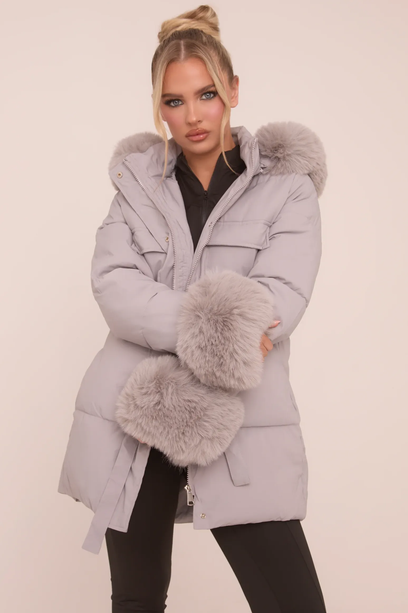 Rebellious Fashion Grey Faux Fur Trim Longline Puffer Jacket - Candy