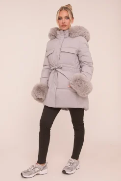 Rebellious Fashion Grey Faux Fur Trim Longline Puffer Jacket - Candy