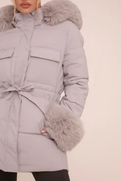 Rebellious Fashion Grey Faux Fur Trim Longline Puffer Jacket - Candy
