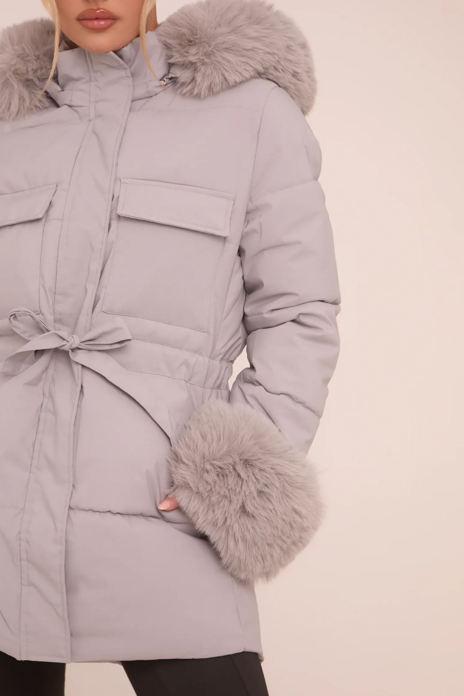 Rebellious Fashion Grey Faux Fur Trim Longline Puffer Jacket - Candy