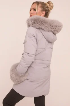 Rebellious Fashion Grey Faux Fur Trim Longline Puffer Jacket - Candy