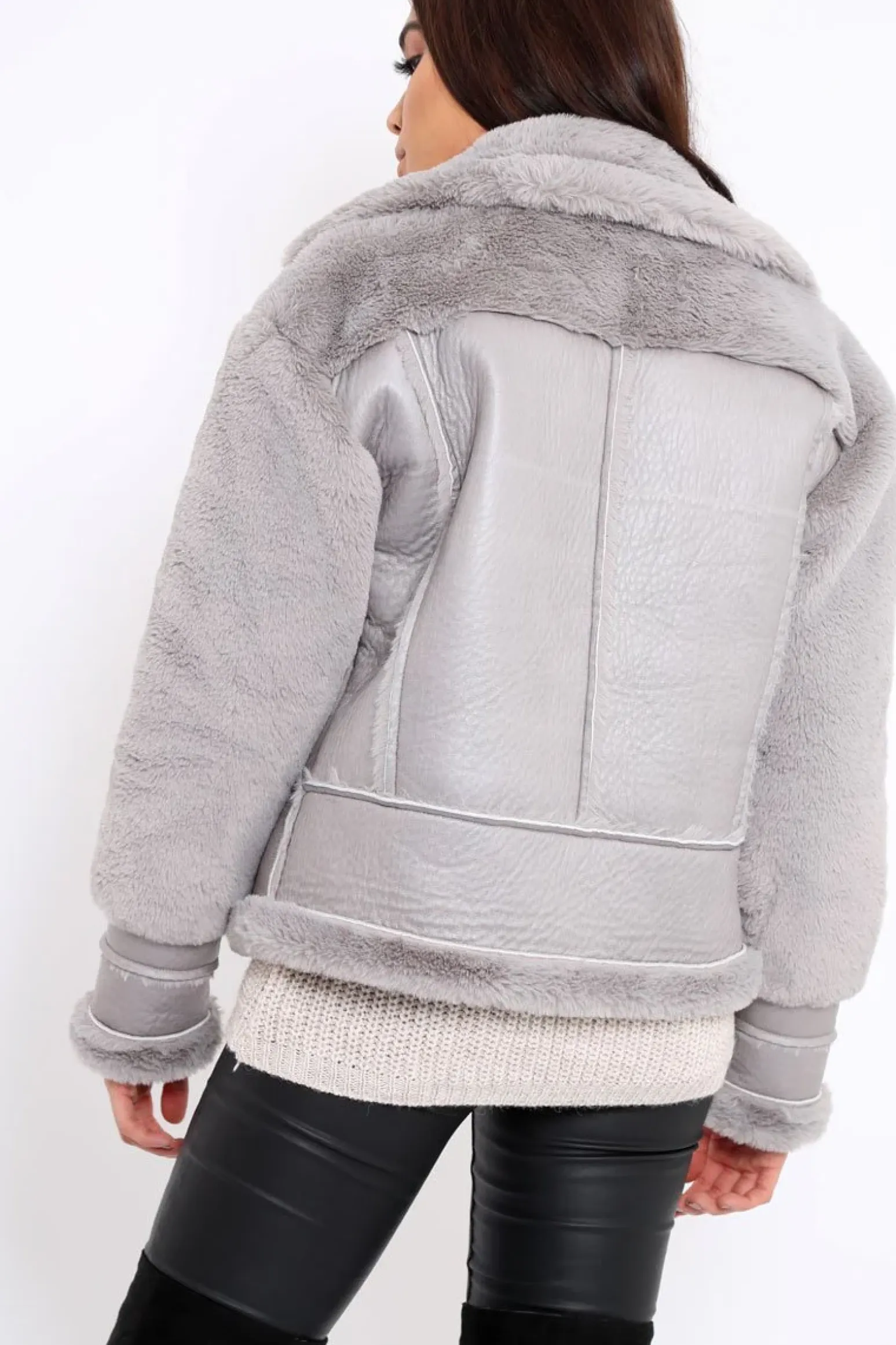 Rebellious Fashion Grey Faux Leather And Fur Jacket - Rhea