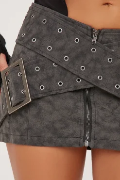 Rebellious Fashion Grey Faux Leather Buckle Mini Skirt - Demelza