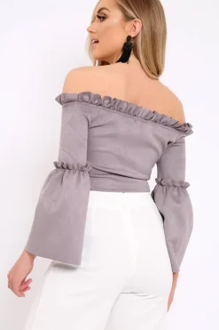 Rebellious Fashion Grey Faux Suede Crop Bardot Top - Torri