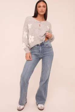 Rebellious Fashion Grey Floral Button Up Front Long Sleeves Cardigan - Poppy