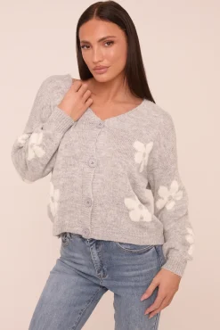 Rebellious Fashion Grey Floral Button Up Front Long Sleeves Cardigan - Poppy