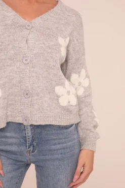 Rebellious Fashion Grey Floral Button Up Front Long Sleeves Cardigan - Poppy