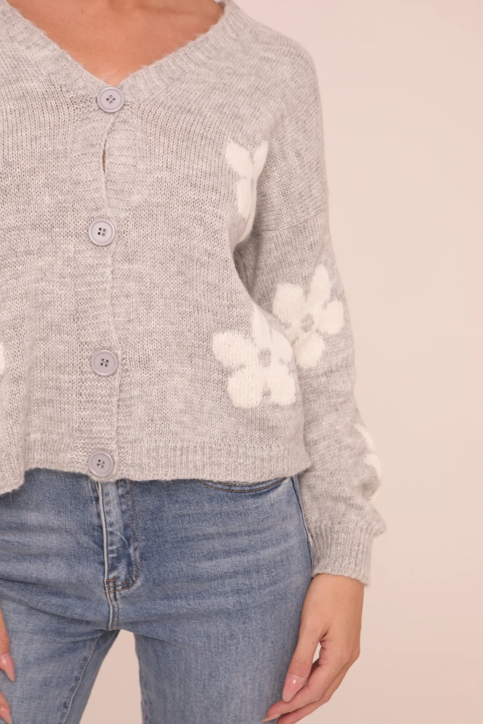 Rebellious Fashion Grey Floral Button Up Front Long Sleeves Cardigan - Poppy