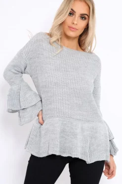 Rebellious Fashion Grey Frill Hem and Sleeve Jumper - Imogen