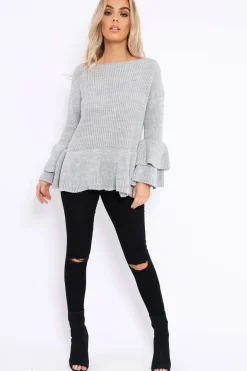 Rebellious Fashion Grey Frill Hem and Sleeve Jumper - Imogen