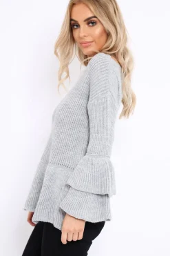 Rebellious Fashion Grey Frill Hem and Sleeve Jumper - Imogen