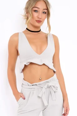 Rebellious Fashion Grey Frill Hem Crop Top - Keya