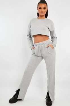 Rebellious Fashion Grey Front Split Wide Leg Joggers - Jenise