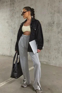 Rebellious Fashion Grey Front Split Wide Leg Joggers - Jenise
