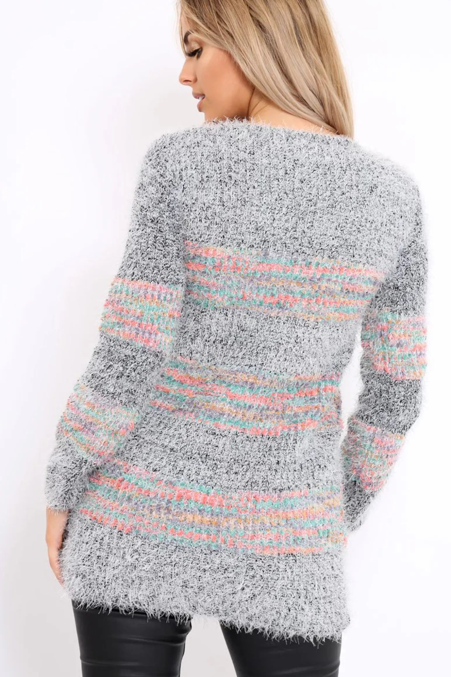 Rebellious Fashion Grey Fur Knit Jumper with colourful stripe detail - Anabella