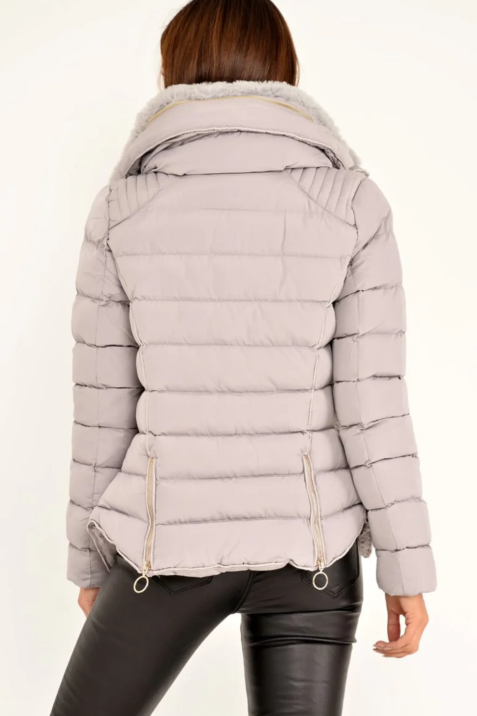 Rebellious Fashion Grey Fur Lined Ring Pull Puffer Coat - Riko
