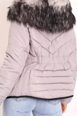 Rebellious Fashion Grey Fur Trim Quilted Puffer Coat - Lania