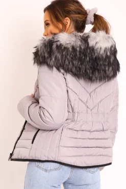 Rebellious Fashion Grey Fur Trim Quilted Puffer Coat - Lania