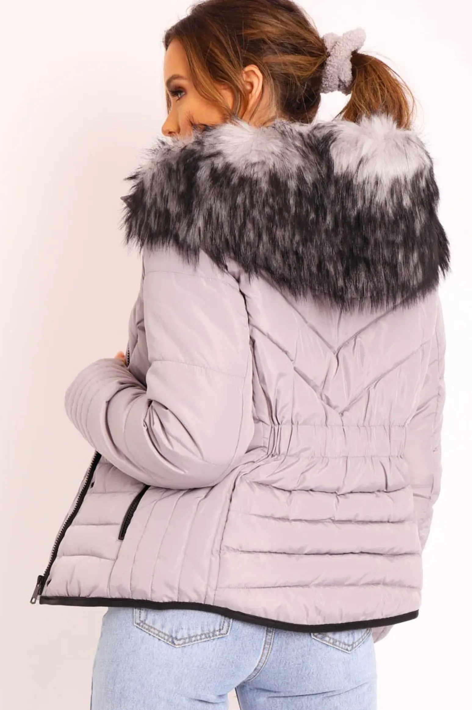 Rebellious Fashion Grey Fur Trim Quilted Puffer Coat - Lania