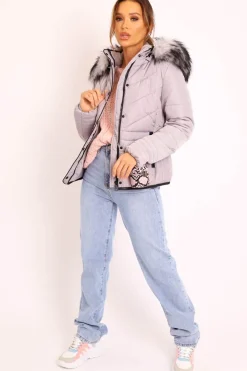 Rebellious Fashion Grey Fur Trim Quilted Puffer Coat - Lania