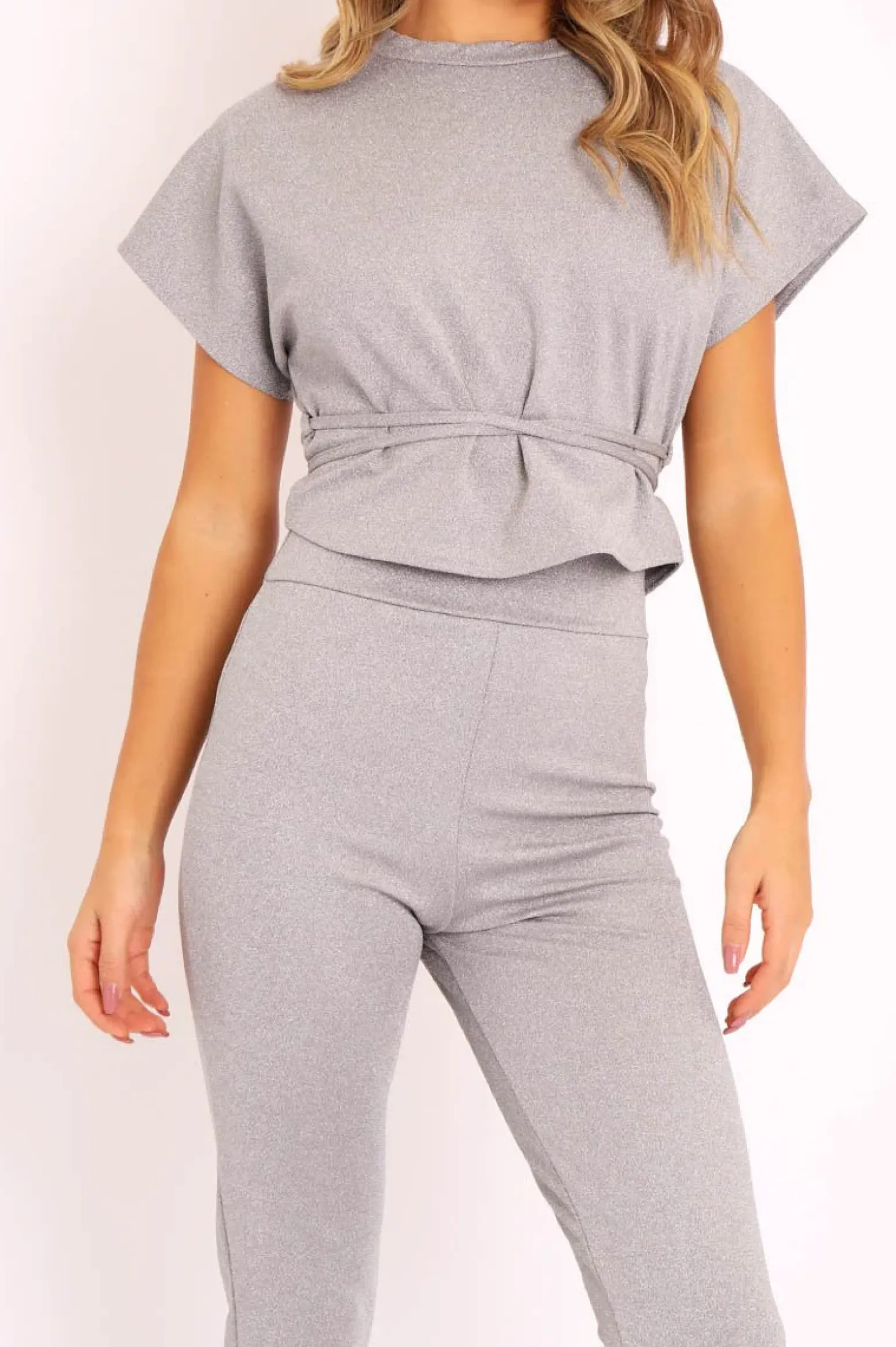 Rebellious Fashion Grey Glitter Crop Top Trouser Co-ord - Evamarie