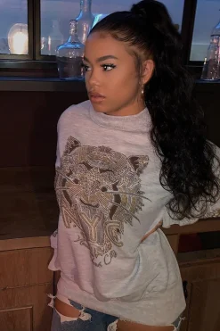 Rebellious Fashion Grey Gold Studded Tiger NYC Sweatshirt - Lezlie