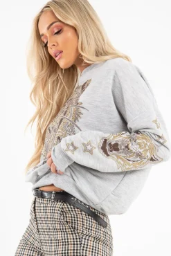 Rebellious Fashion Grey Gold Studded Tiger NYC Sweatshirt - Lezlie