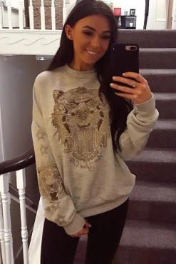 Rebellious Fashion Grey Gold Studded Tiger NYC Sweatshirt - Lezlie