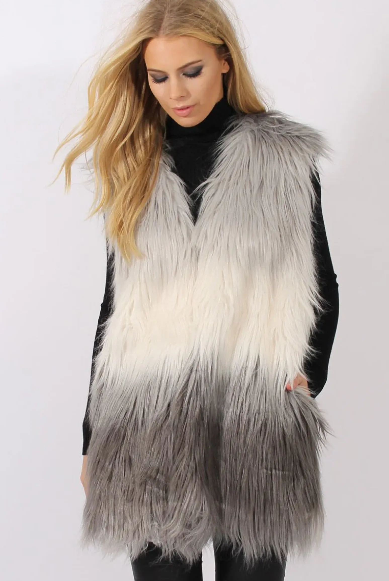 Rebellious Fashion Grey Gradient Faux Fur Gilet - Emerson