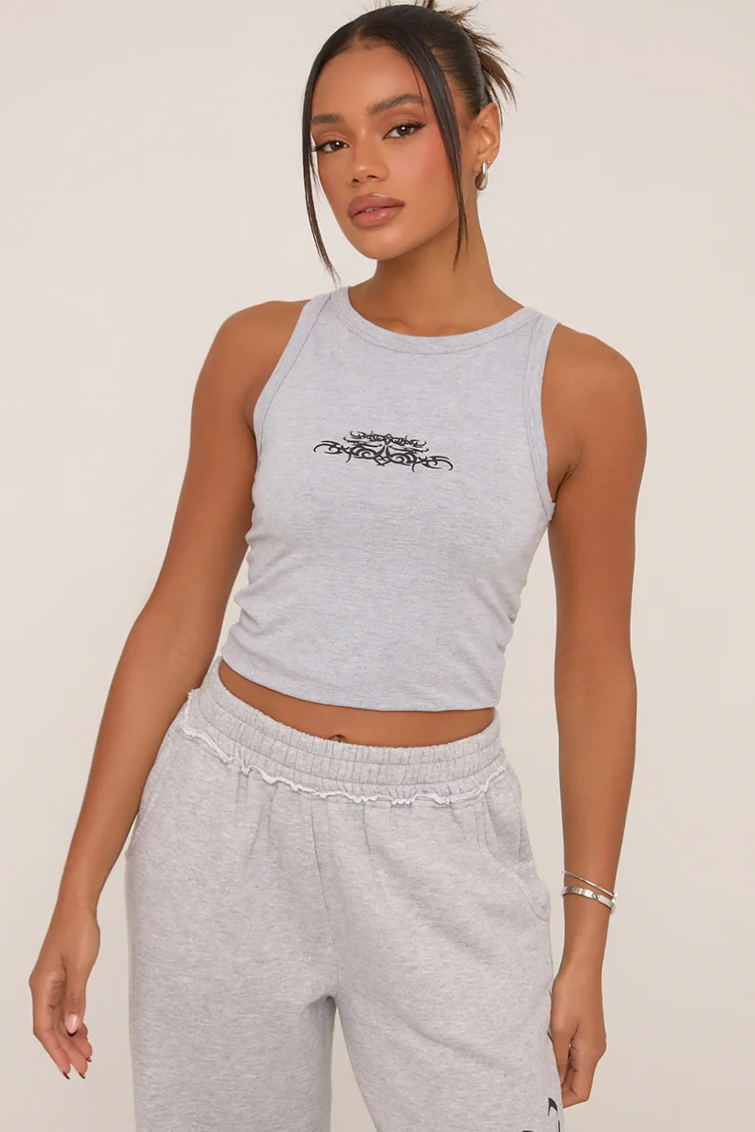 Rebellious Fashion Grey Graphic Printed Racer Vest Top - Chelsea
