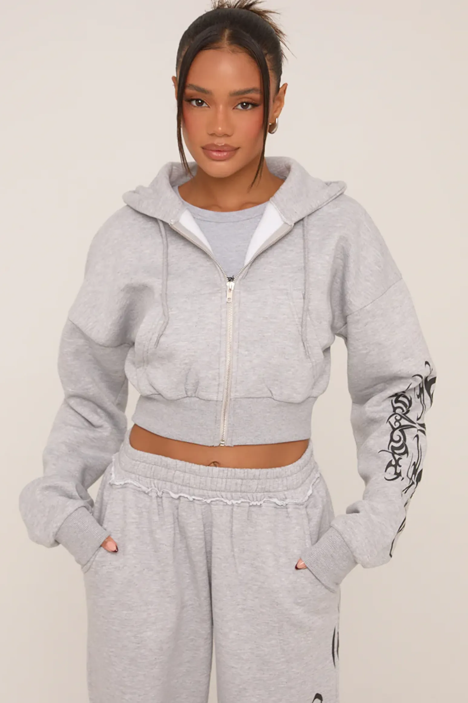 Rebellious Fashion Grey Graphic Printed Zip Through Crop Hoodie - Charlee