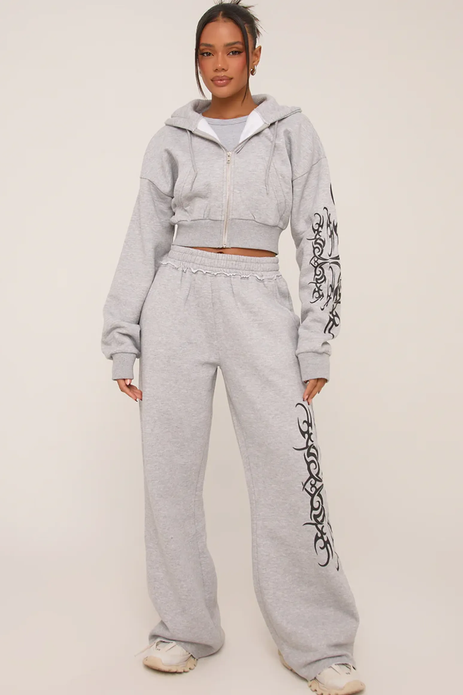 Rebellious Fashion Grey Graphic Printed Zip Through Crop Hoodie - Charlee