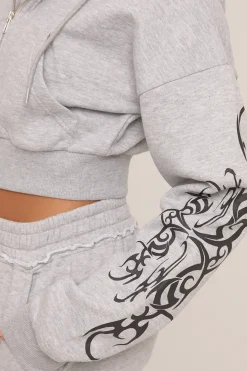 Rebellious Fashion Grey Graphic Printed Zip Through Crop Hoodie - Charlee