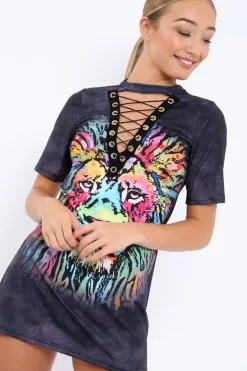 Rebellious Fashion Grey Graphic Print Lace Up T-shirt Dress - Manda