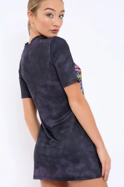 Rebellious Fashion Grey Graphic Print Lace Up T-shirt Dress - Manda