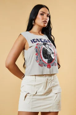 Rebellious Fashion Grey Graphic Print Sleeveless Cropped Top - Marta