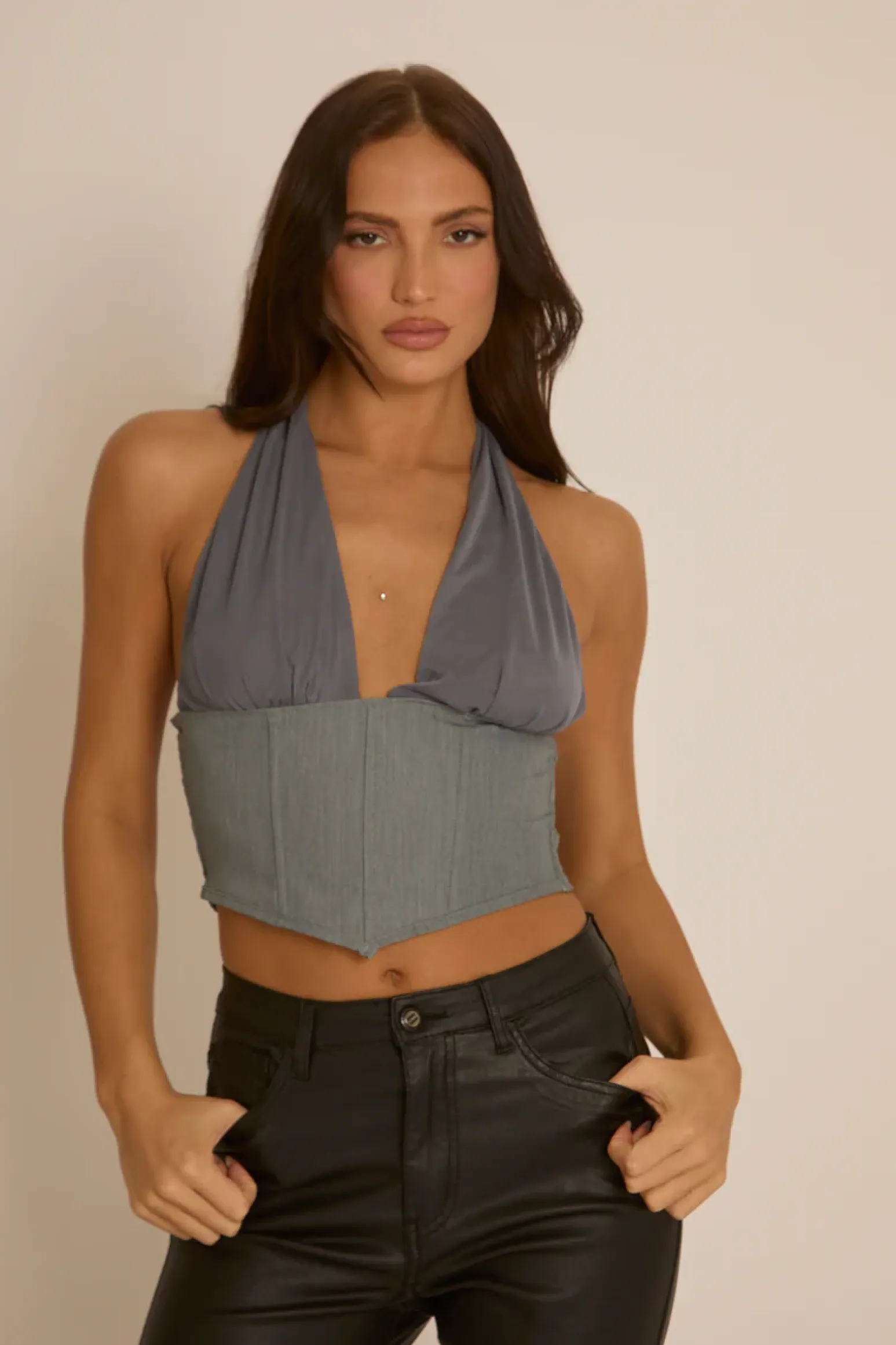 Rebellious Fashion Grey Halter Corset Cropped Top - River