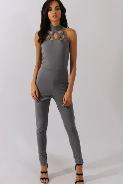 Rebellious Fashion Grey Halterneck Cage Detail Jumpsuit - Mandy