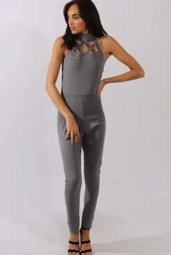 Rebellious Fashion Grey Halterneck Cage Detail Jumpsuit - Mandy