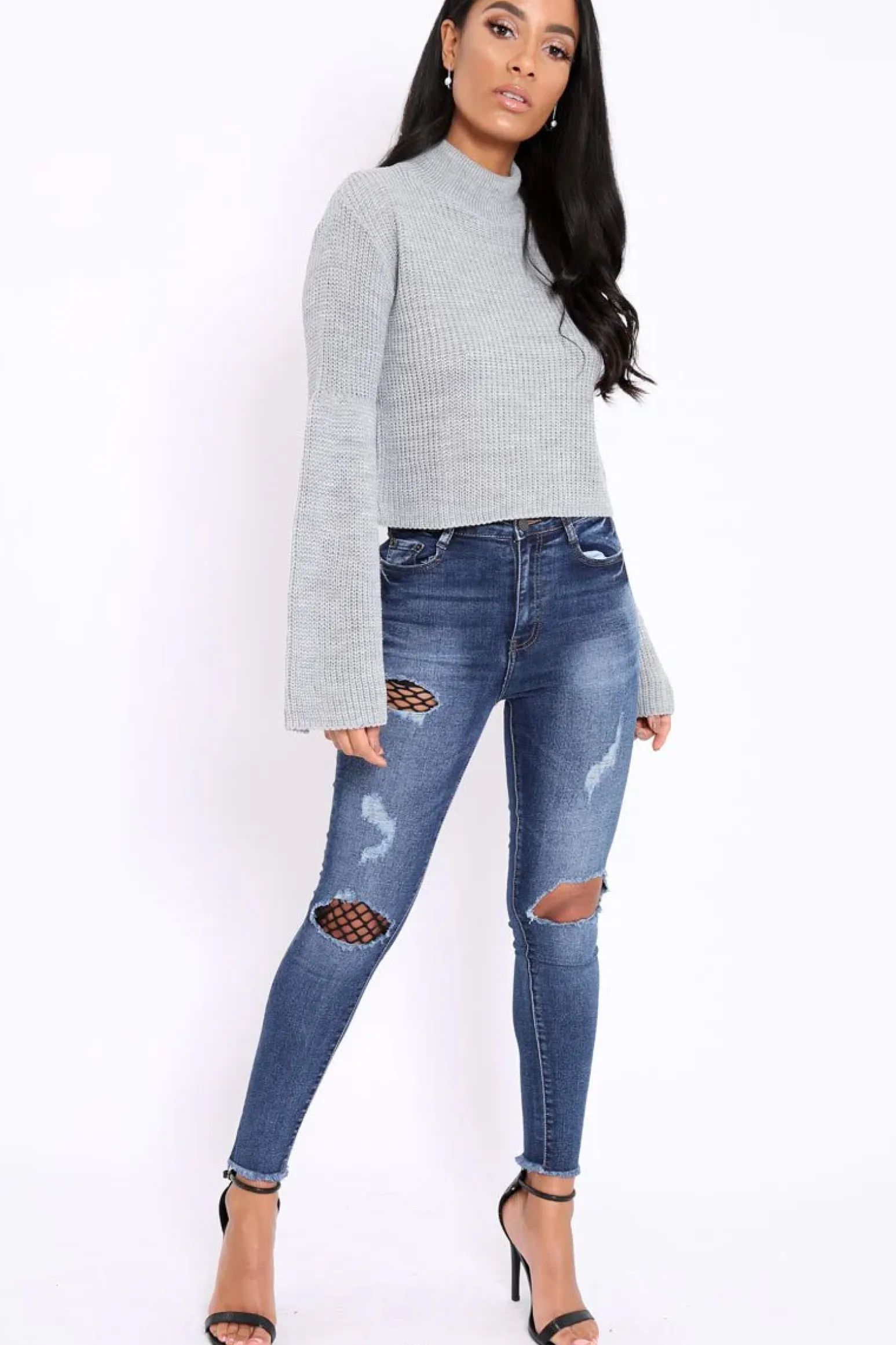 Rebellious Fashion Grey High Neck Flared Sleeve Jumper - Aloni