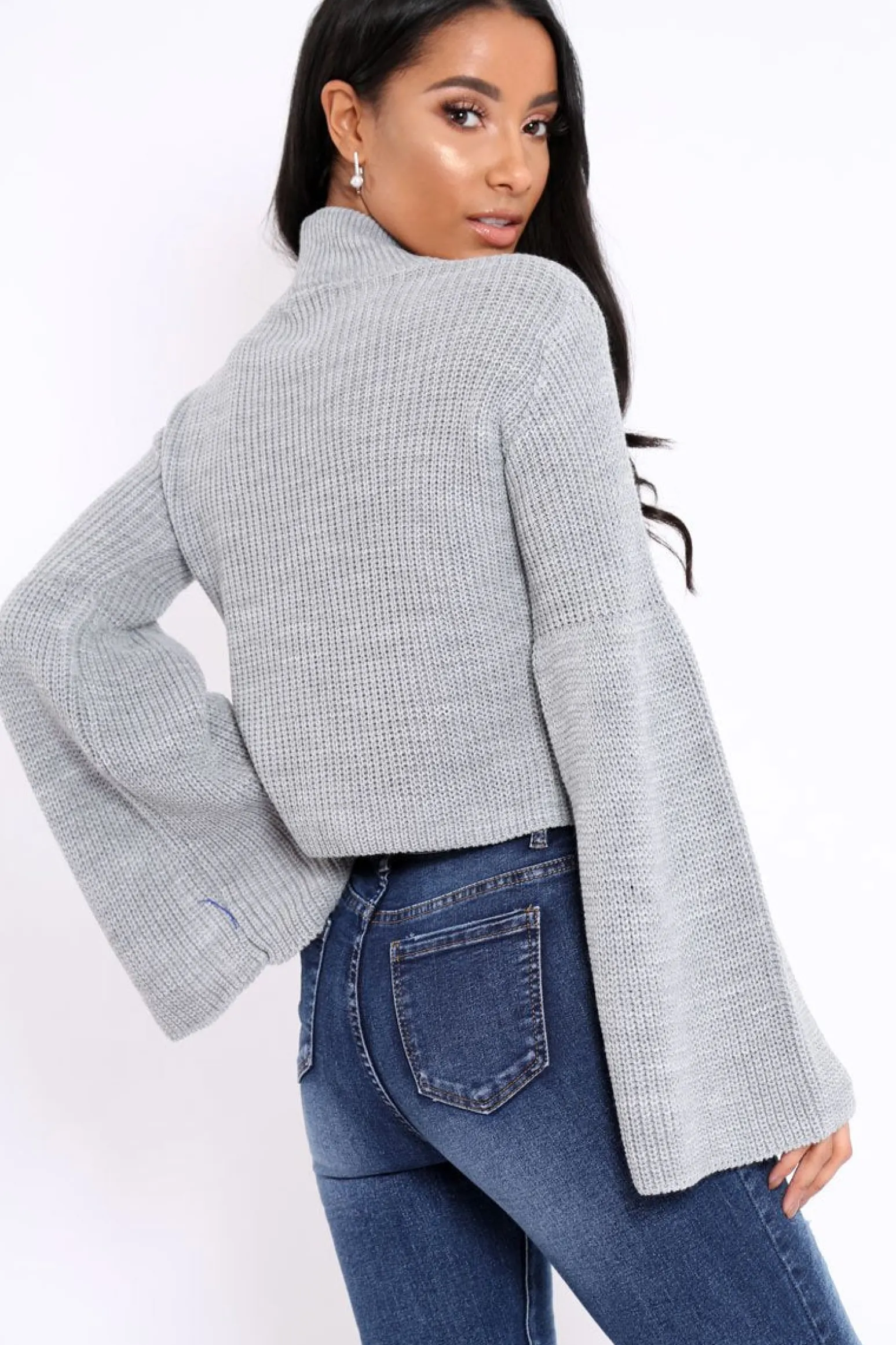Rebellious Fashion Grey High Neck Flared Sleeve Jumper - Aloni