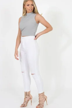 Rebellious Fashion Grey Highneck Open Back Crop Top - Christina