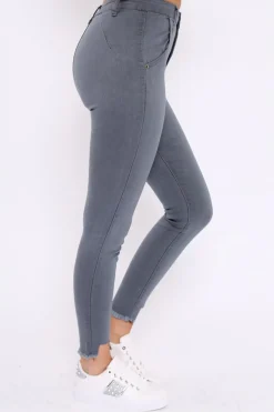 Rebellious Fashion Grey High Waist Cut Out Hem Jeans - Geri