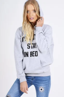 Rebellious Fashion Grey I'd Rather Stay In Bed Slogan Hoodie - Tammy